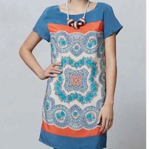 Anthropologie Meadow Rue Silk Scarf Shift Dress Dress Sz L, Teal Crème Orange